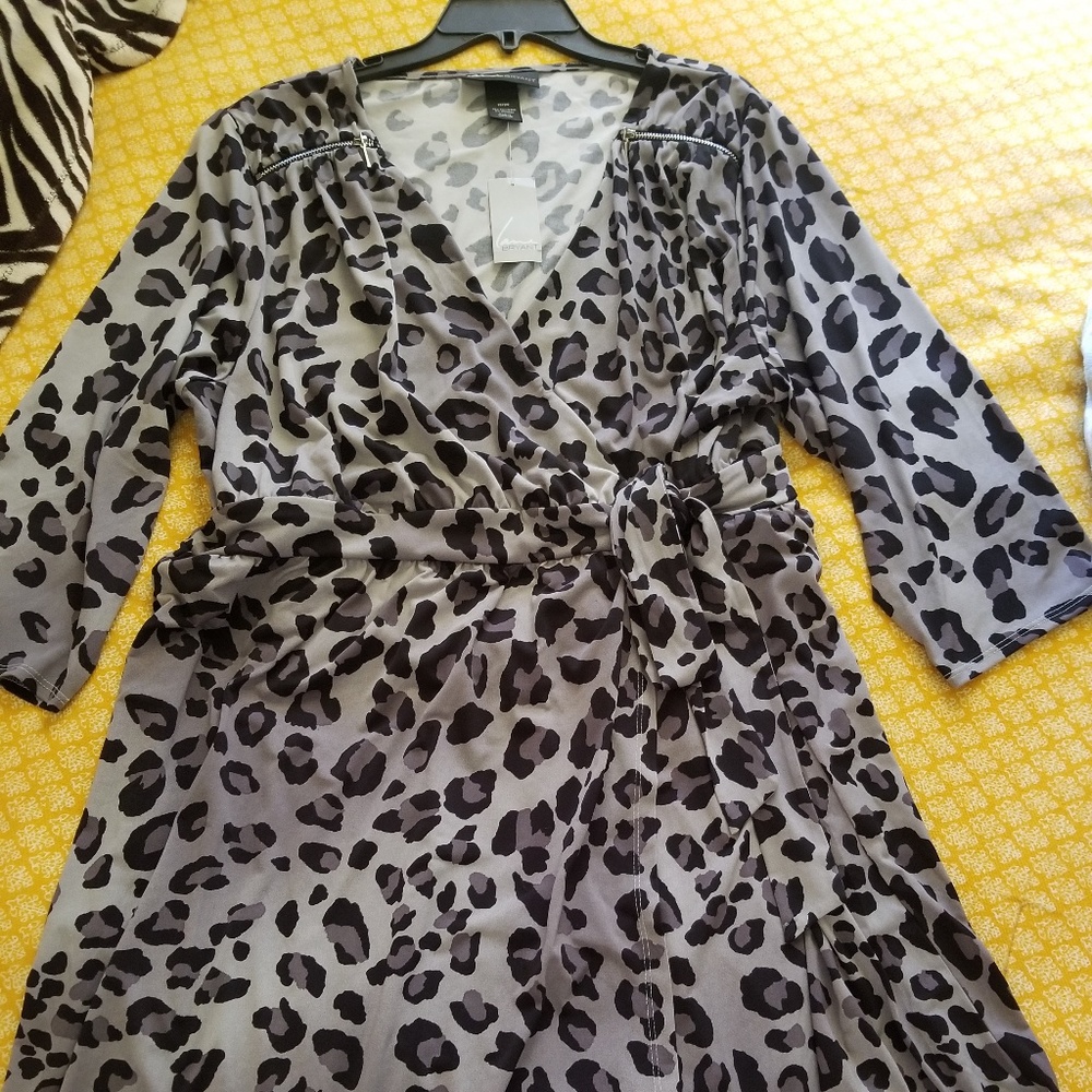 Grey leopard print Lane Bryant wrap dress.